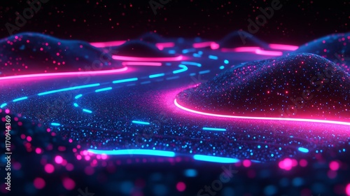 Neon transportation network Futuristic roads and paths in a vibrant, abstract landscape. photo