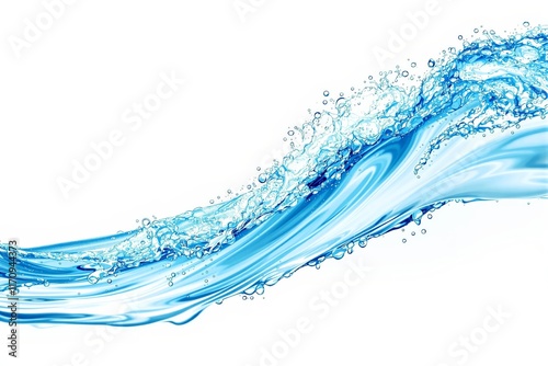 Flowing blue water splash with droplets, dynamic artistic style, on a white background. Concept of freshness, purity, and motion. Ai generative