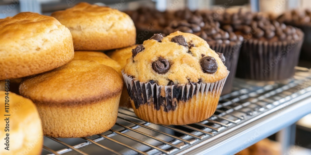 Freshly baked chocolate chip muffins and golden buns displayed invitingly on a cooling rack, promising delicious homemade goodness.