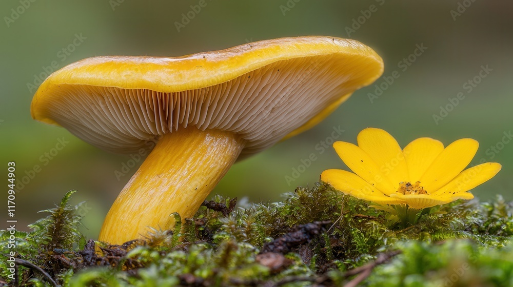 A small yellow flower sitting on top of a moss covered ground A small yellow flower sitting on top of a moss covered ground