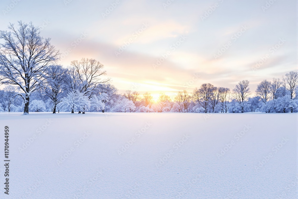 Obraz premium A serene winter landscape with trees covered in snow under a colorful sunrise sky, on a snowfield. Concept of peaceful winter scenery. Ai generative