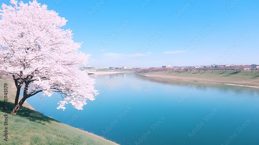 Cherry Blossom River Landscape Illustration Cherry Blossom River Landscape Illustration