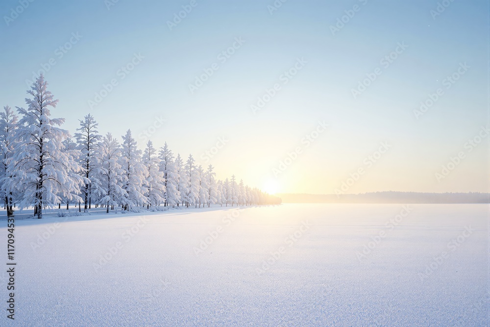 Snow-covered trees line a tranquil winter landscape with a vast snowy field under a clear sky. The sunrise casts a warm glow. Ai generative Snow-covered trees line a tranquil winter landscape with a vast snowy field under a clear sky. The sunrise casts a warm glow. Ai generative