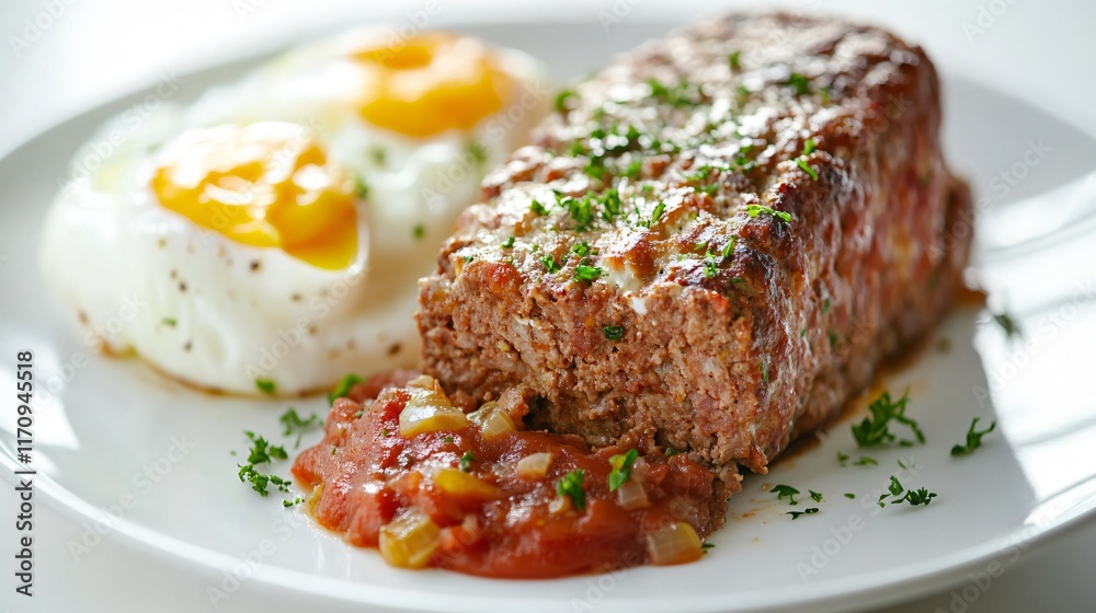 A gourmet meatloaf plated with a side of poached eggs, isolated on a modern white surface A gourmet meatloaf plated with a side of poached eggs, isolated on a modern white surface
