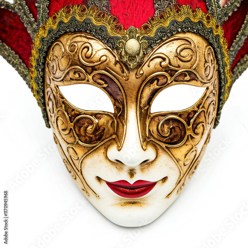 Elegant Gold Venetian Mask. A beautifully crafted gold masquerade mask featuring intricate patterns