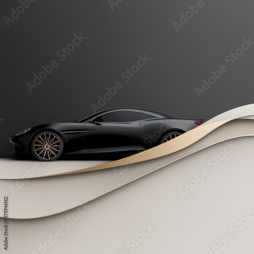 A black sports car is positioned gracefully against a minimalist backdrop with gentle curves in neutral tones. The setting emphasizes the car's sleek design and highlights its features photo