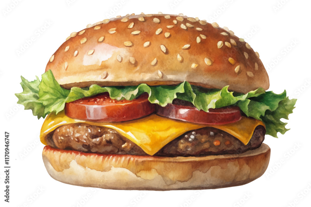 Watercolor burger illustration, sesame seed bun, fresh lettuce, ripe tomatoes, melted cheese, delicious fast food. Watercolor burger illustration, sesame seed bun, fresh lettuce, ripe tomatoes, melted cheese, delicious fast food.