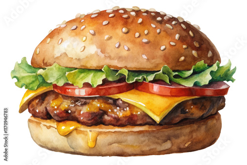 Watercolor hamburger illustration, fresh ingredients, vibrant colors, delicious fast food, culinary art, appetizing design.
