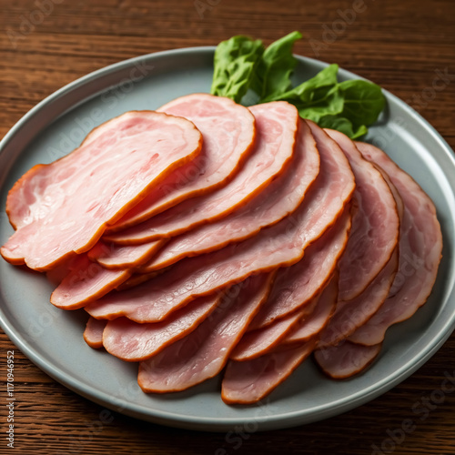 Freshly Prepared Bacon: Rolled and Sliced Delicacies. Appetizing slices of bacon, neatly rolled and arranged on a plate, emphasize the perfect balance of fat and meat.