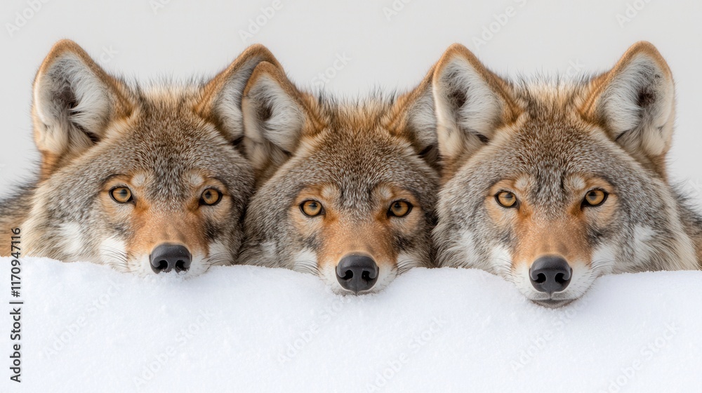 Fototapeta premium Three coyotes peeking over a wall in the snow