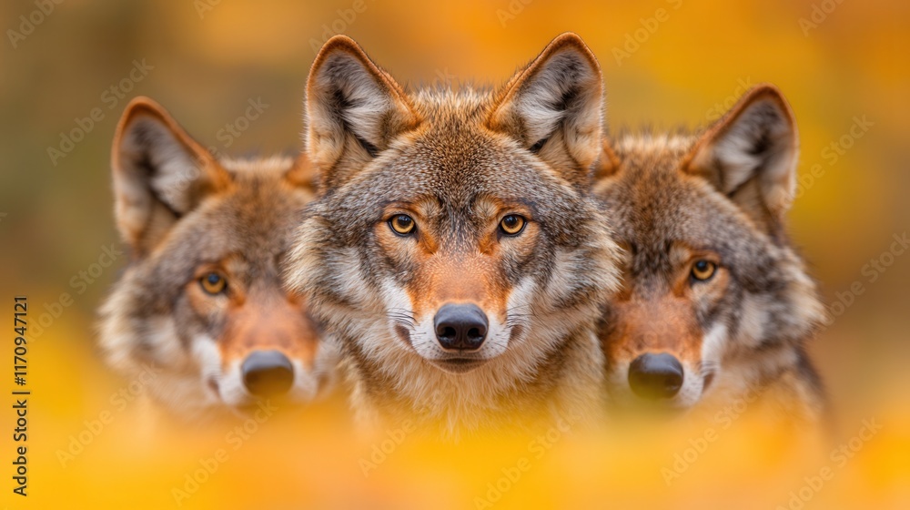 Fototapeta premium A group of three wolves standing next to each other