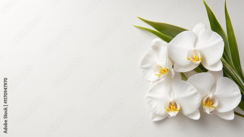 Obraz premium A bunch of white orchids with green leaves on a white background