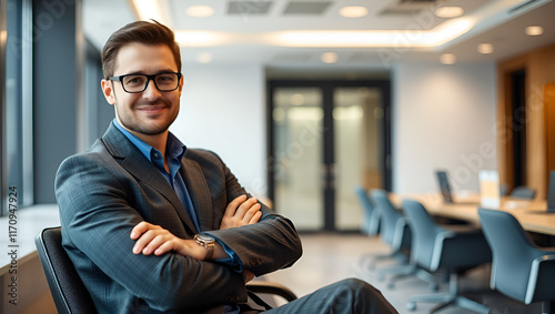 Confident male professional sitting with arms crossed inboard room photo