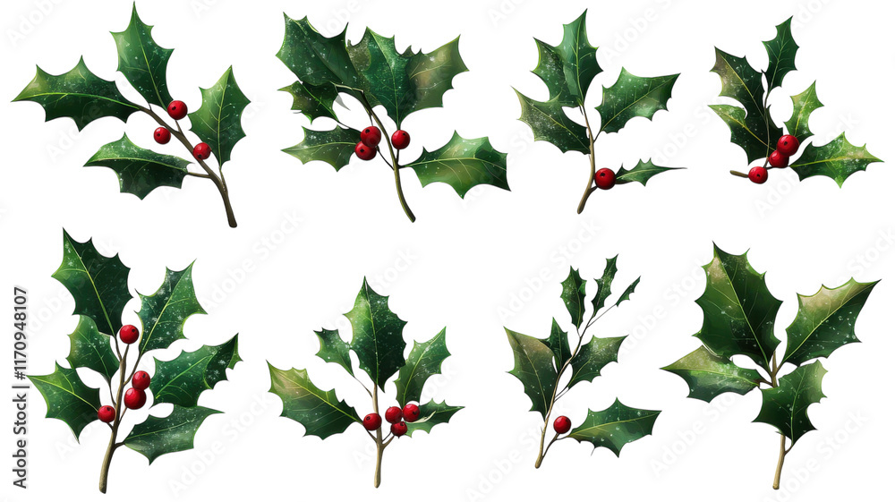 Fototapeta premium Beautiful Collection of Holly Leaves with Bright Red Berries Perfect for Christmas Decor and Festive Holiday Themes in Various Projects.
