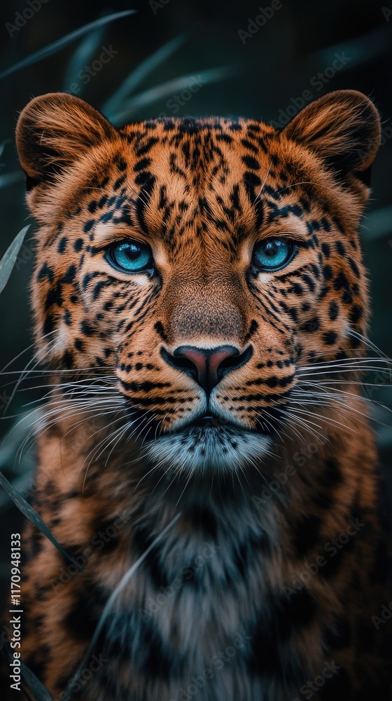 Fototapeta premium A close-up of a leopard with striking blue eyes, showcasing its vibrant fur and features.