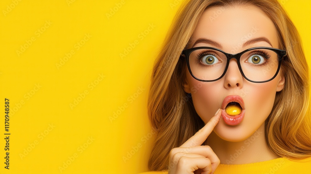 A woman wearing glasses with a finger on her lips A woman wearing glasses with a finger on her lips