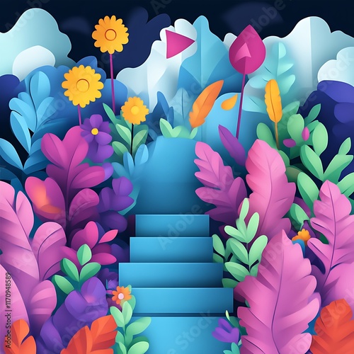 Colorful Floral Steps Leading Upward Through Nature