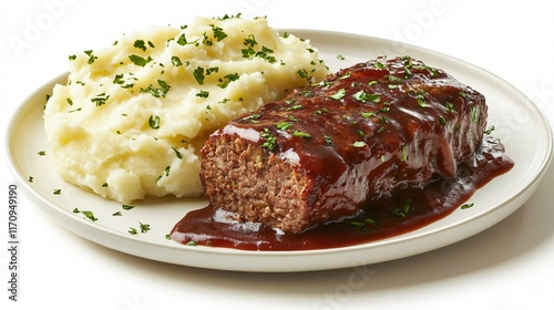 A winter comfort food plate featuring meatloaf with mashed potatoes, isolated on a snowy white surface