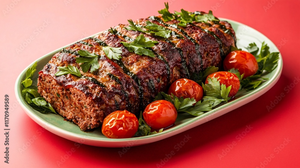 Meatloaf garnished with roasted cherry tomatoes, isolated on a vibrant red background