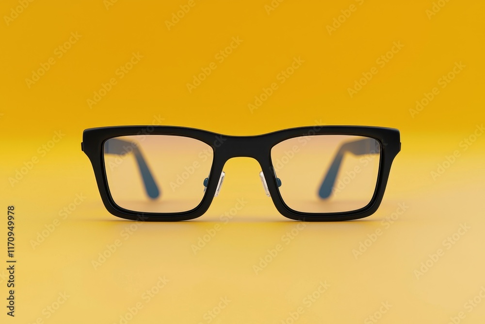 Artificial learning tool concept. Black glasses on a vibrant yellow background. Artificial learning tool concept. Black glasses on a vibrant yellow background.