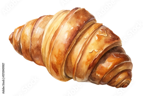 Freshly baked croissant, golden brown layers, delicious pastry, breakfast favorite, watercolor illustration, culinary art.