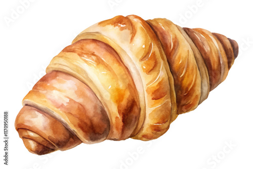 Delicious golden croissant, flaky pastry, watercolor illustration, breakfast food, gourmet baking, culinary art.