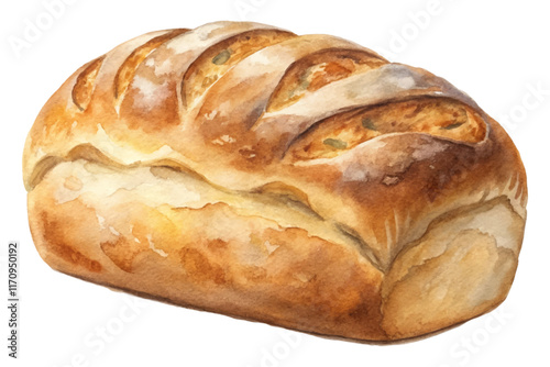 Freshly baked bread, watercolor illustration, golden crust, artisanal loaf, rustic style, food art, culinary design.