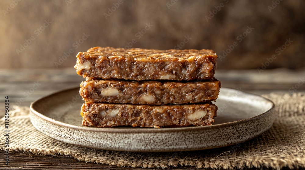 Meatloaf slices stacked on a rustic ceramic plate, isolated on a burlap-lined wooden surface Meatloaf slices stacked on a rustic ceramic plate, isolated on a burlap-lined wooden surface
