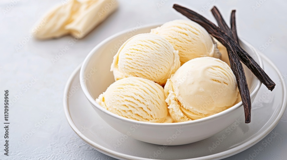 Creamy vanilla ice cream scoops in a bowl with vanilla pods. Creamy vanilla ice cream scoops in a bowl with vanilla pods.