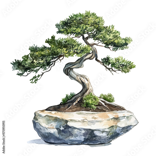 A watercolor vector painting of a Himalayan Cedar Bonsai, isolated on a white background. Himalayan Cedar Bonsai vector.

