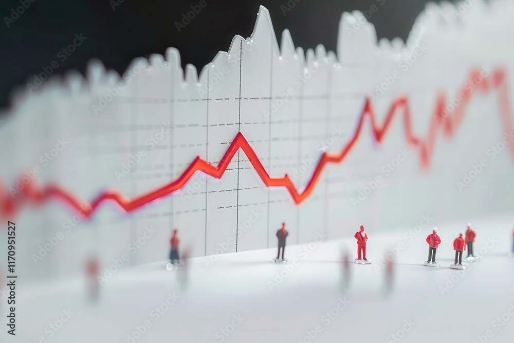 A stylized graph with red trend lines and miniature figures representing business growth.