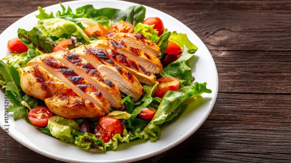 Grilled chicken salad on a wooden table with fresh vegetables. Grilled chicken salad on a wooden table with fresh vegetables.