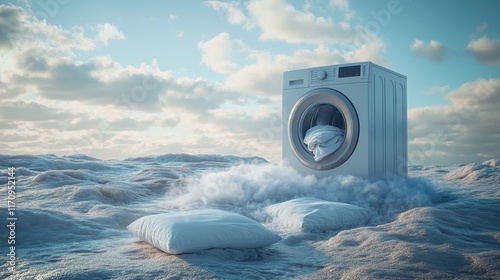 Surreal landscape with washing machine in cloudy sky setting photo