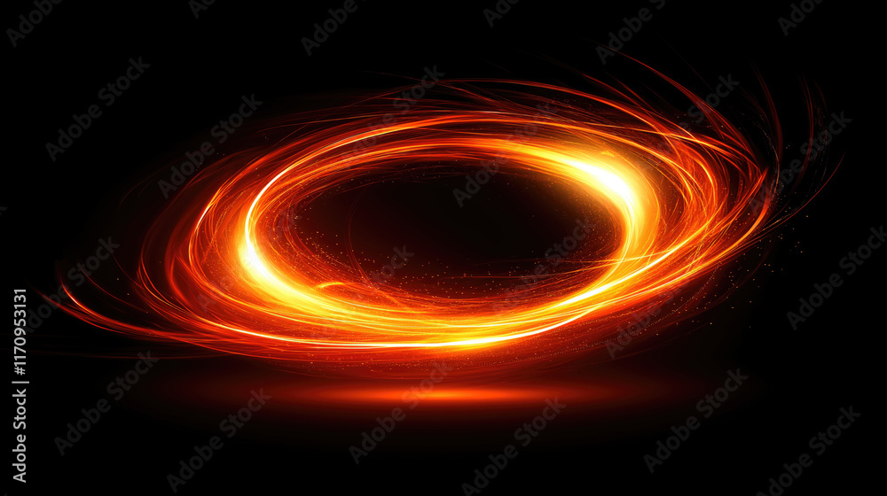 Fiery energy swirl in dark space with glowing light trails