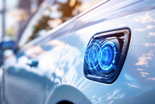 Electric car charging port glowing with blue light on a white car, futuristic style, blurred urban outdoor background, concept of innovation. Ai generative photo