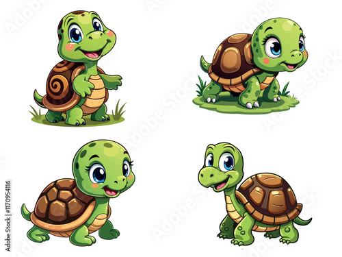 Animated turtles with various poses and expressions for marine and educational projects