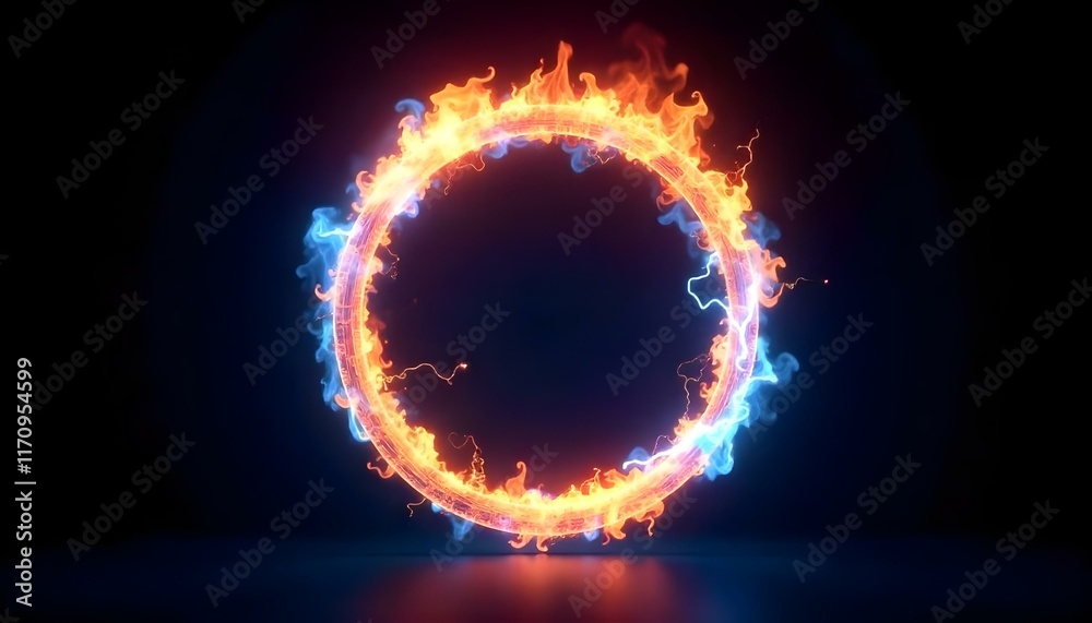 Fototapeta premium Fiery ring burning with intense orange and yellow flames on a black backdrop