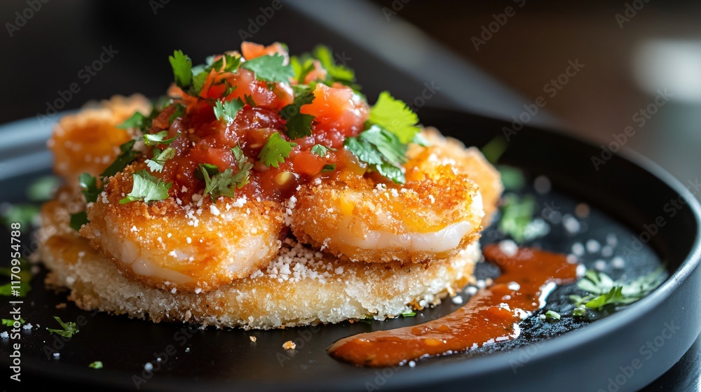 A golden shrimp quesadilla with a crispy crust, isolated on a matte black plate with a drizzle of spicy salsa and a sprinkle of fresh cilantro A golden shrimp quesadilla with a crispy crust, isolated on a matte black plate with a drizzle of spicy salsa and a sprinkle of fresh cilantro