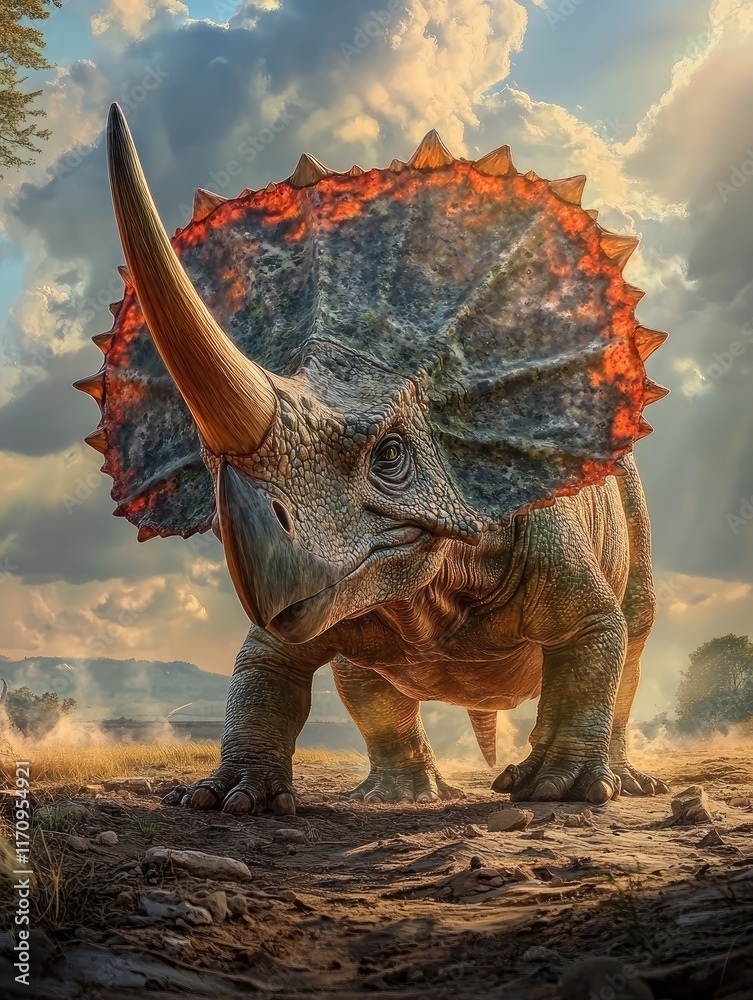 Fototapeta premium A majestic dinosaur resembling a Triceratops in a dramatic landscape with clouds.