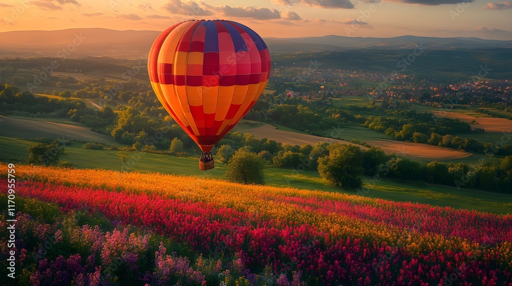 Fototapeta premium A hot air balloon flying over colorful spring fields and meadows