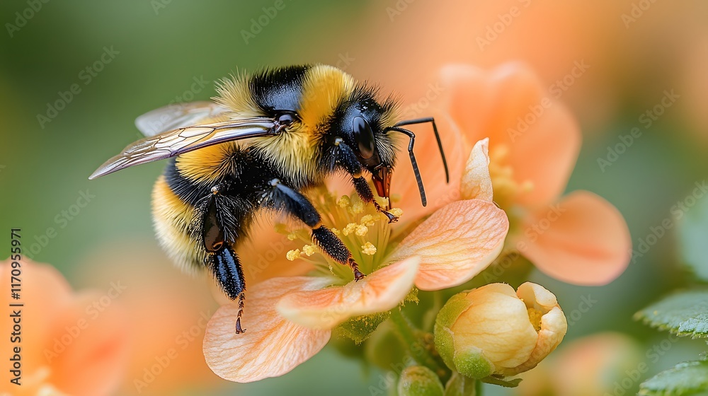 A bee pollinating a bright spring bloom in a lush garden A bee pollinating a bright spring bloom in a lush garden