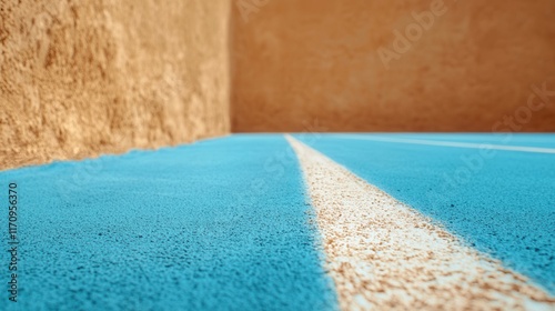 A blue running track with a white line on it photo