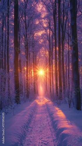 Golden sunrise in a snowy pine forest. Centered path with tall trunks and purple winter haze. A calm sense of hope and new beginnings. Ideal for wellness, travel, and seasonal marketing.