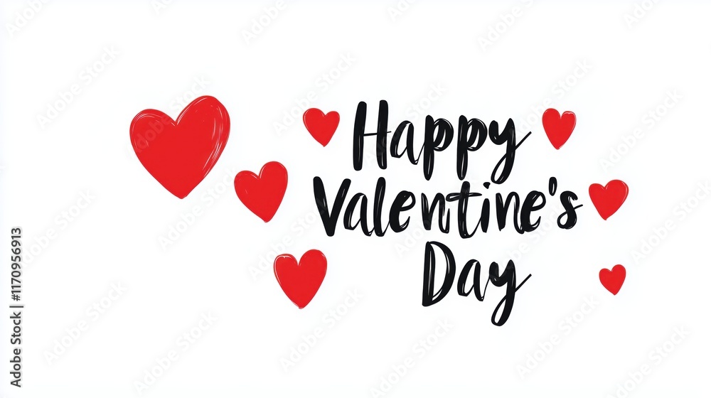 Hand-drawn red hearts and Happy Valentine's Day text on a white background Hand-drawn red hearts and Happy Valentine's Day text on a white background