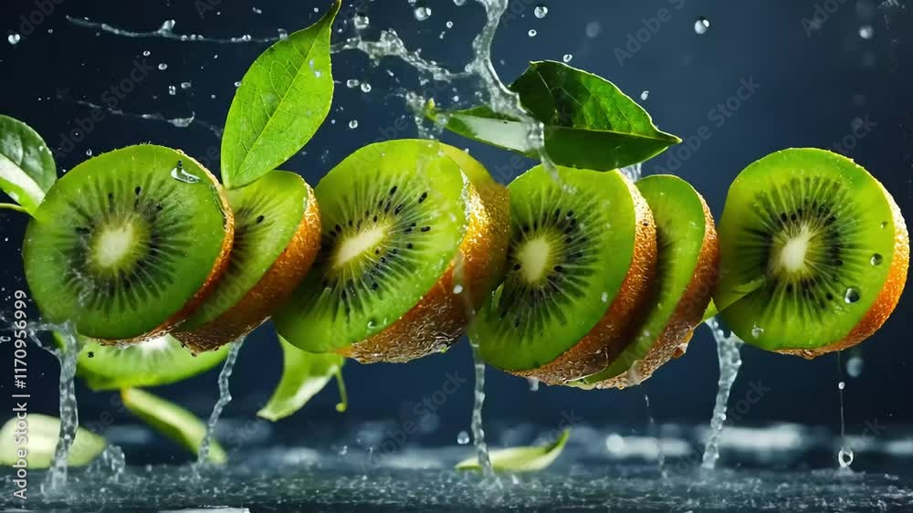 Slices of kiwi fruit splashing in water.