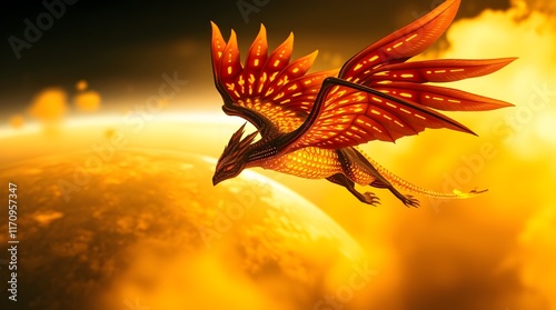 Majestic Dragon Flying Through a Fiery Sky, Ai generated images photo