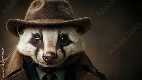 A badger wearing a hat and a trench coat