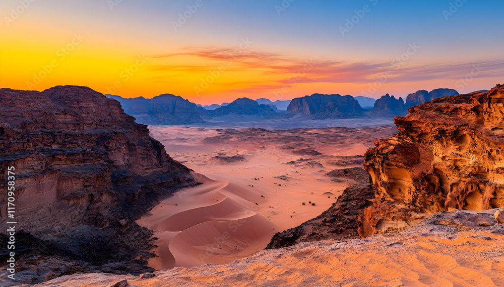 Fototapeta premium Majestic sunset over vast desert landscape wadi rum photography natural wonders scenic view serenity and adventure