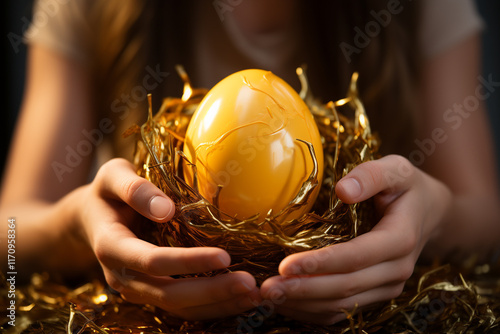 resplendent golden egg with its luminous exterior evokes a profound sense of promise harboring untold riches and captivating imagination with enchantment of serendipitous revelations photo