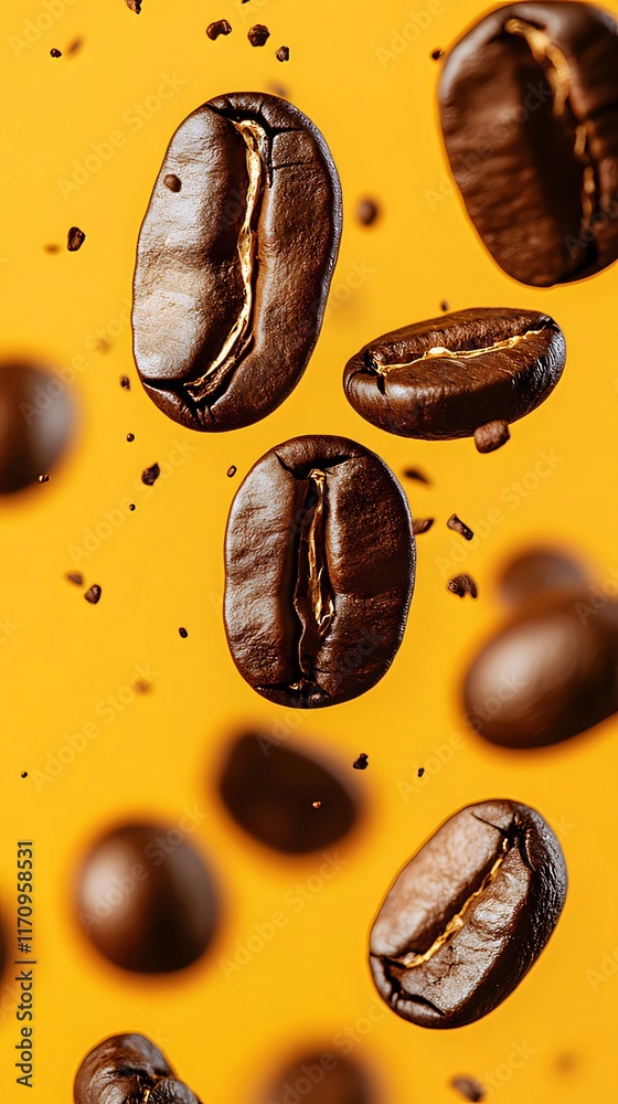Roasted coffee beans falling on yellow background. (2) Roasted coffee beans falling on yellow background. (2)